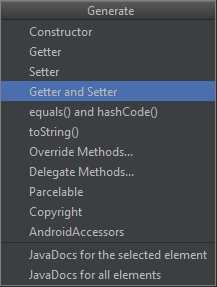 Android Studio Generate menu